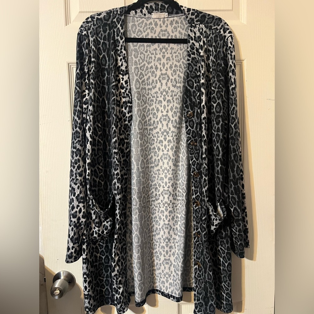 Black and Gray Leopard Print Button Cardigan Sweater